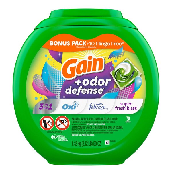 Gain Flings Laundry Detergent Pacs + Odor Defense, Super Fresh Blast Scent, 60 ct