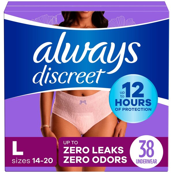 Always Discreet Women's Incontinence and Postpartum Underwear, L, 38 CT
