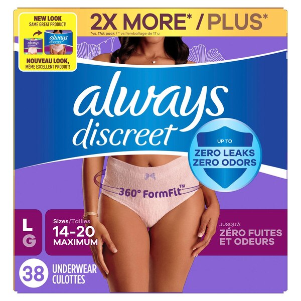 Always Discreet Women's Incontinence and Postpartum Underwear, L, 38 CT