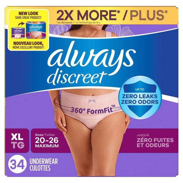 Always Discreet Women's Incontinence and Postpartum Underwear, XL, 34 CT