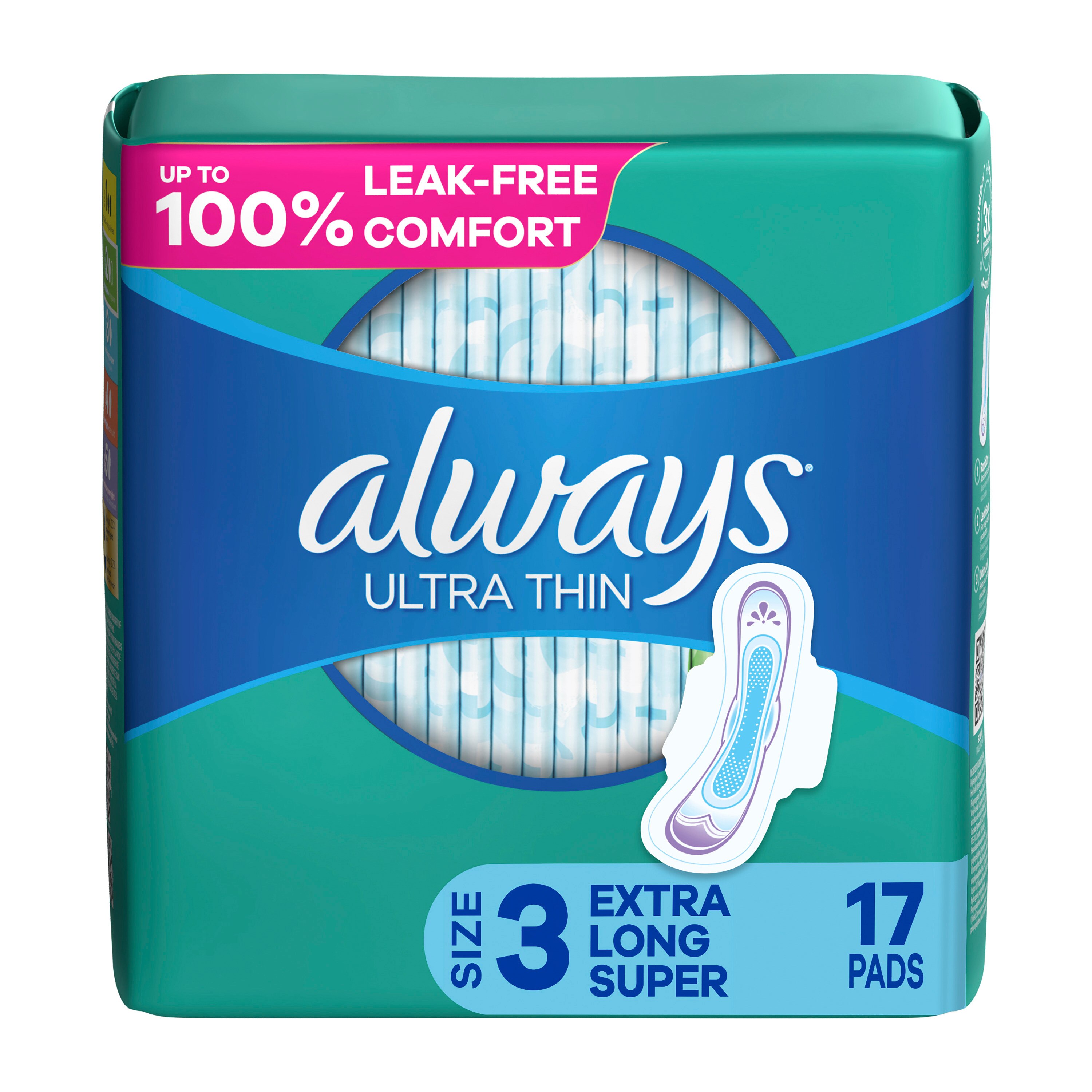 Always Ultra Thin Extra Long Size 3 Pads with Wings, Unscented, Super