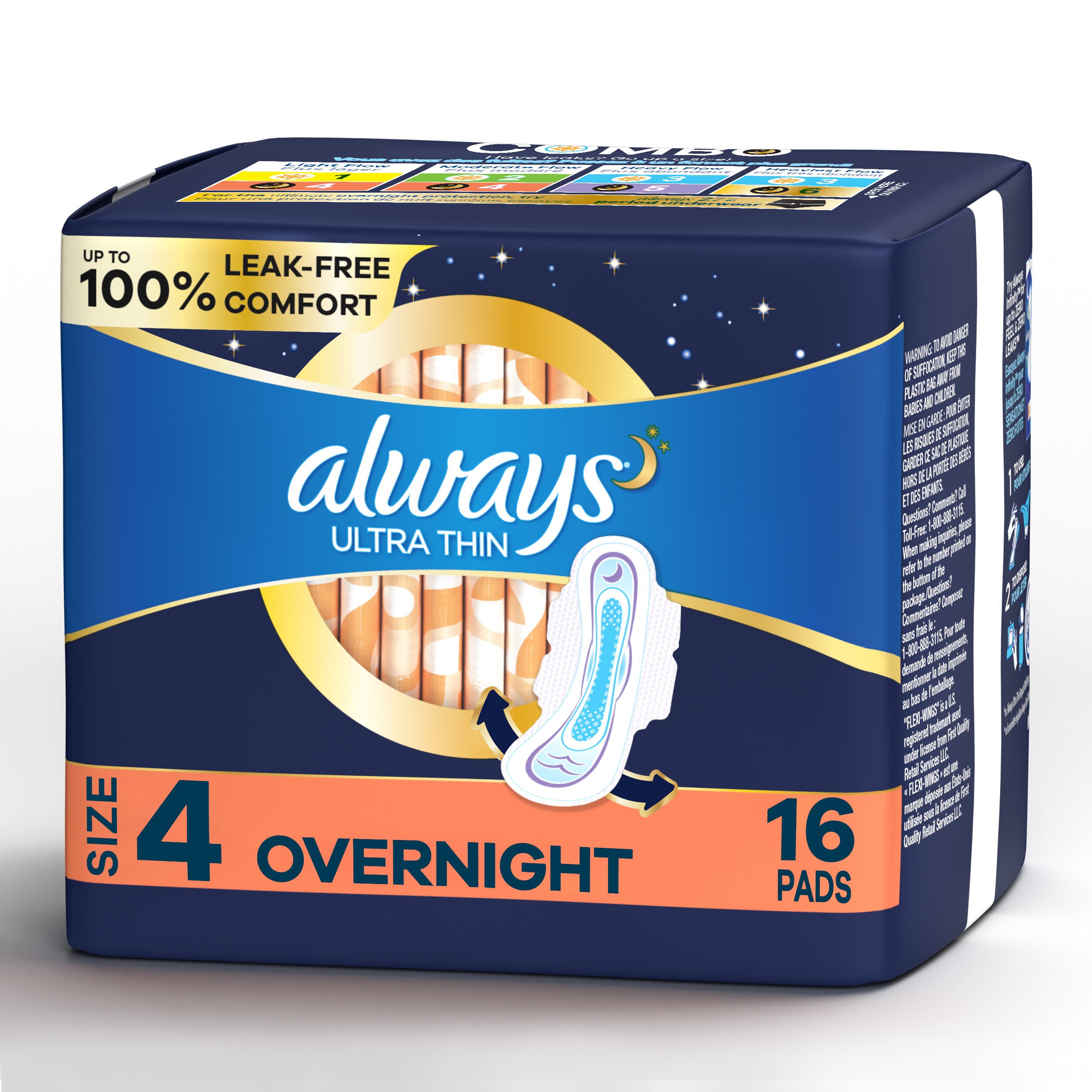 Always Ultra Thin Size 4 Pads with Wings, Unscented, Overnight