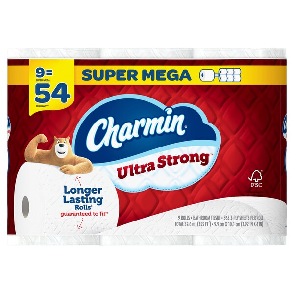 Charmin Ultra Strong Toilet Paper 9 Super Mega Rolls, 363 Sheets Per Roll