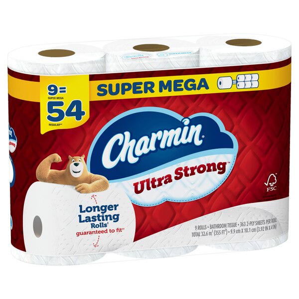 Charmin Ultra Strong Toilet Paper 9 Super Mega Rolls, 363 Sheets Per Roll