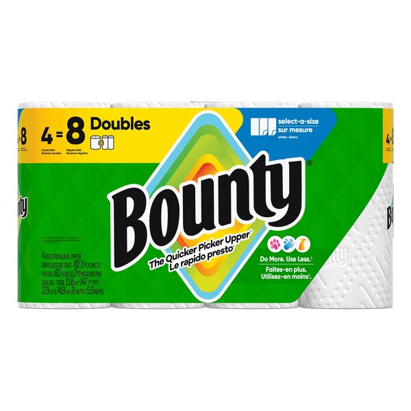 Bounty Select-A-Size Paper Towels, 4 Double Rolls, White, 90 Sheets Per Roll