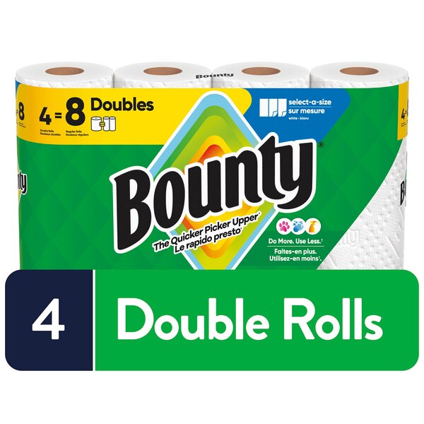 Bounty Select-A-Size Paper Towels, 4 Double Rolls, White, 90 Sheets Per Roll