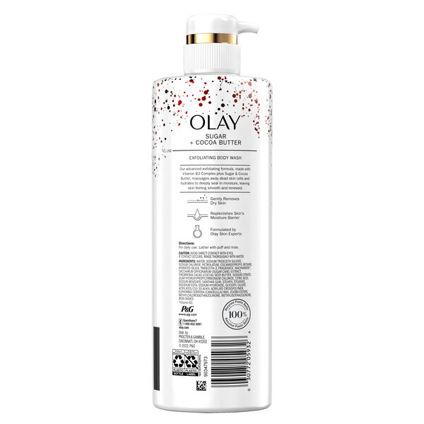 Olay Exfoliating & Moisturizing Body Wash with Sugar, Cocoa Butter, and Vitamin B3, 20 oz