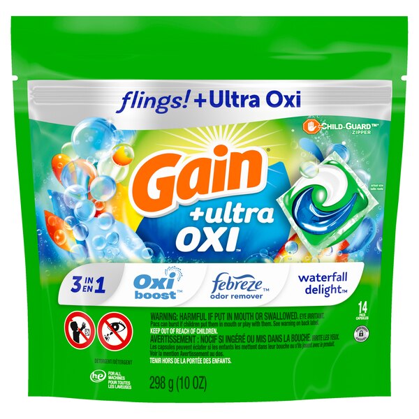 Gain Flings Ultra Oxi Laundry Detergent Pacs, Waterfall Delight Scent, 3-in-1, HE Compatible, 14 ct