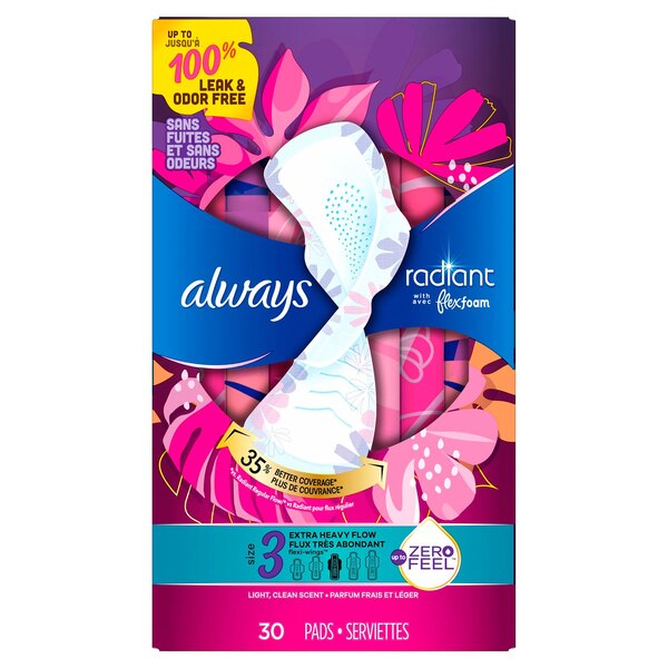 Always Radiant Pads, with Wings, Scented, Size 3, 22 CT