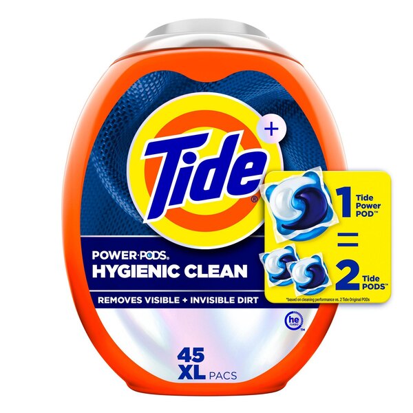 Tide+ XL Power Pods Hygienic Clean Laundry Detergent Pacs, Original Scent, 45 ct