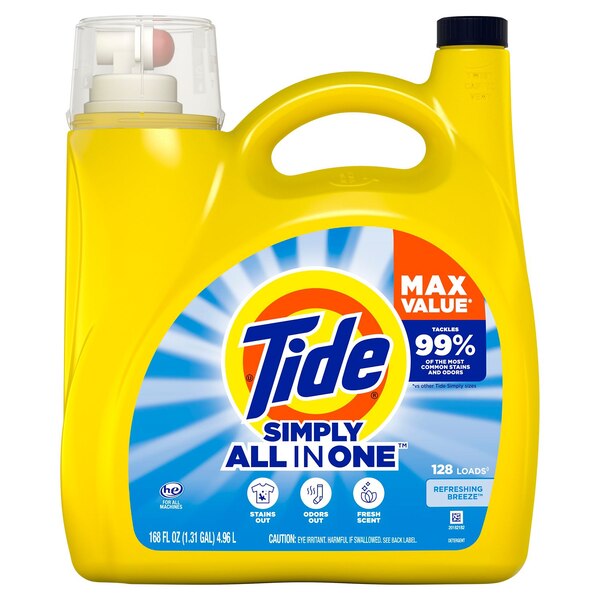Tide Simply All-In-One HE Liquid Laundry Detergent, Refreshing Breeze Scent, 128 Loads, 168 oz