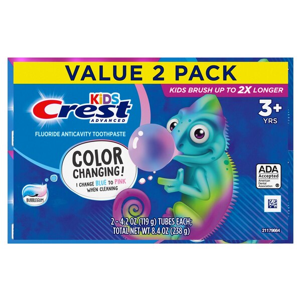 Crest Kids Advanced Fluoride Anticavity Color Changing Toothpaste, Ages 3+, Bubblegum, 4.2 OZ, 2 CT