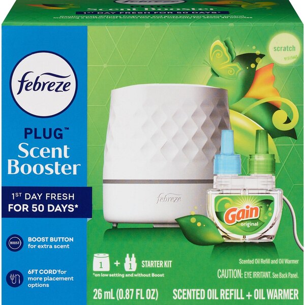 Febreze PLUG Scent Booster Starter Kit, Oil Diffuser + 1 Gain Oil Refill