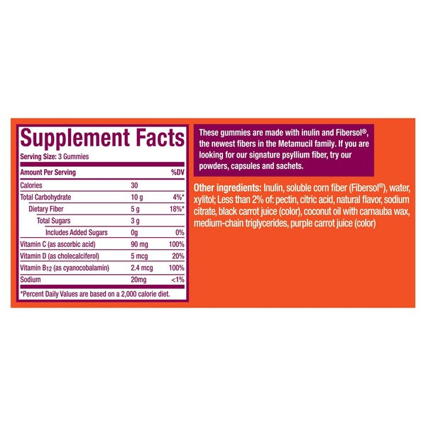 Metamucil Fiber Supplement Gummies Plus Vitamins C, D, & B12, 72 CT