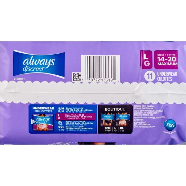 Always Discreet Incontinence Underwear, L, 11 CT