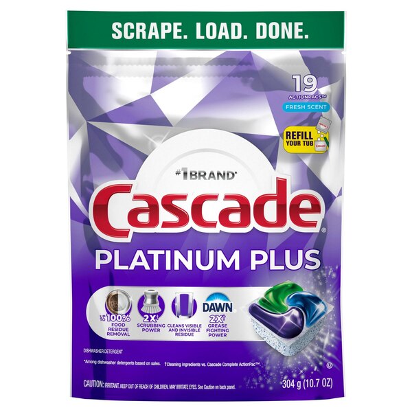 Cascade Platinum Plus Dishwasher Detergent Pacs, Fresh Scent, 19 ct