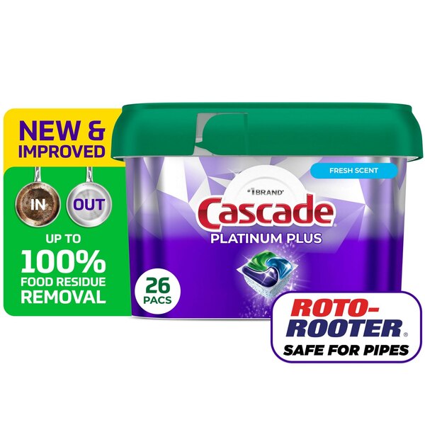 Cascade Platinum Plus Dishwasher Detergent Pacs, Fresh Scent, 26 ct