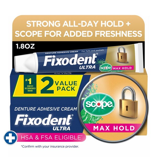 Fixodent Ultra Denture Adhesive Cream, Max Hold, 2.2 OZ, 2 CT