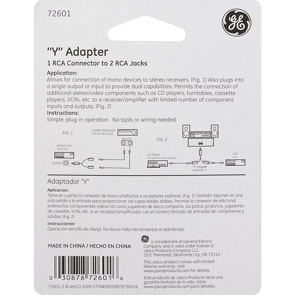 GE "Y" Adapter, Converts A Single RCA Connector Into A Dual Jack