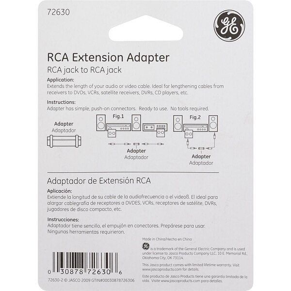 GE RCA Extension Adapter, Allows You To Connect Two Cables With RCA Plugs Together To Extend Lenth