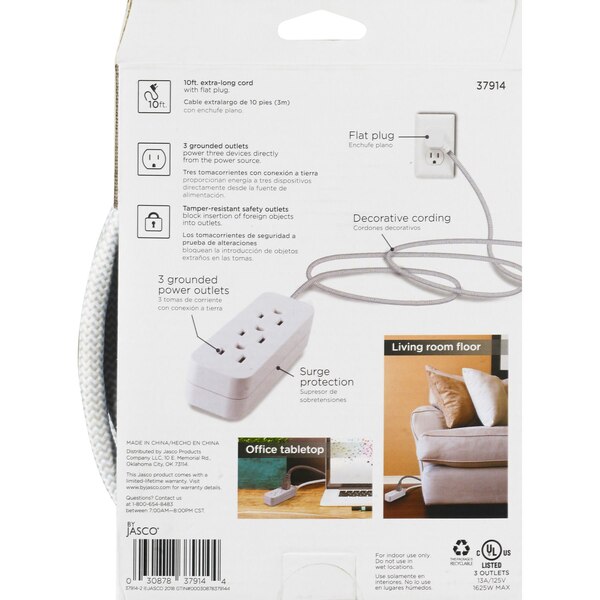 Cordinate Extension Cord 3 Outlets with Surge Protection, 10 ft, Gray/White