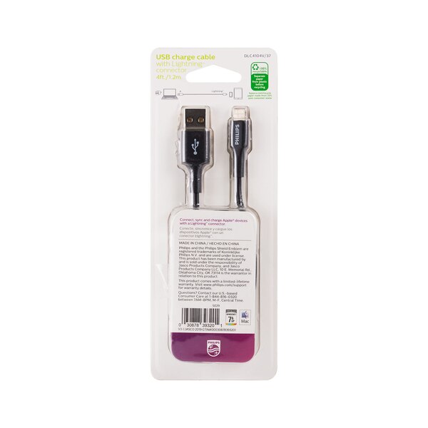 Philips USB to Lightning Cable, 4 ft, Basic, Black