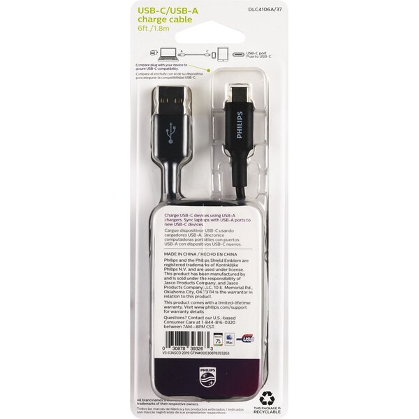 Philips USB-A to USB-C Cable, 6 ft, 15 w, Black
