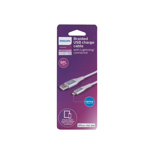 Philips USB to Lightning Cable, 6 ft, White, Braided