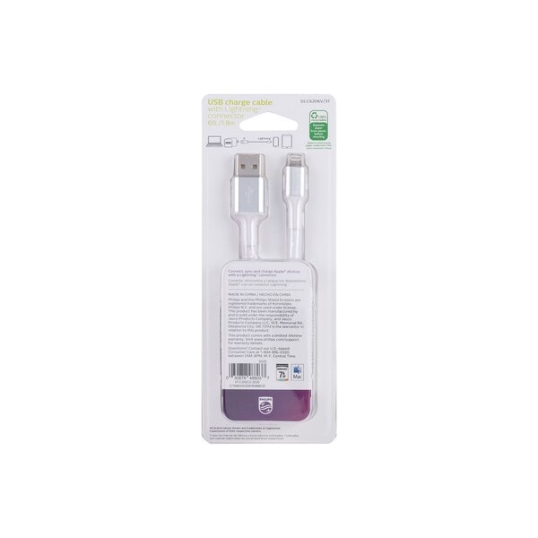 Philips USB to Lightning Cable, 6 ft, White, Braided