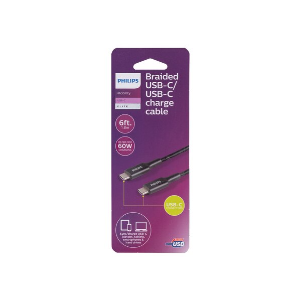 Philips Elite USB-C to USB-C Cable, 6 ft, Braided, Black