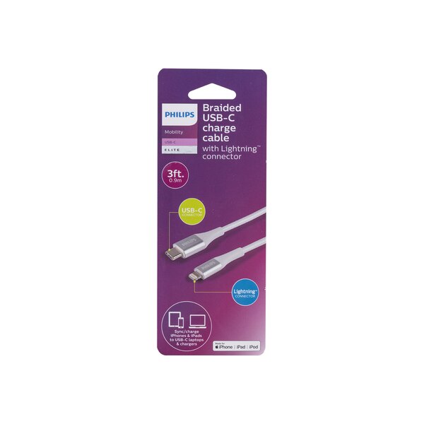 Philips USB-C to Lightning Cable, 3 ft, Braided, White