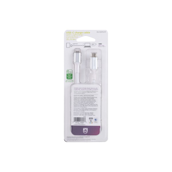 Philips USB-C to Lightning Cable, 3 ft, Braided, White