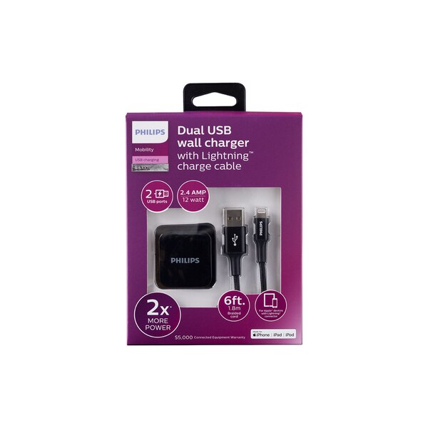 Philips AC Charger with USB A-C Cable, 2 Ports, 2.4A, 6ft Braided, Black
