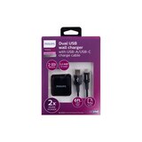 Philips AC Charger with USB A-Lightning Cable, 2 Ports, 2.4A, 6ft Braided, Black, thumbnail image