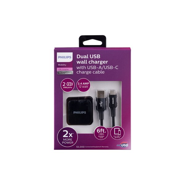 Philips AC Charger with USB A-Lightning Cable, 2 Ports, 2.4A, 6ft Braided, Black