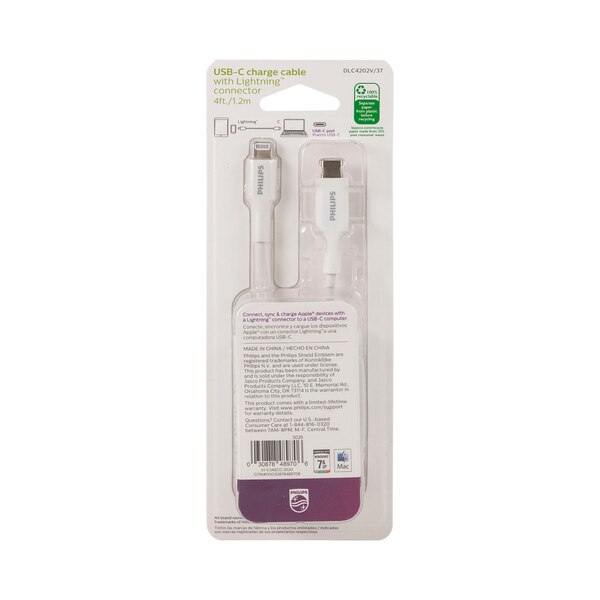Philips USB-C to Lightning Cable, 4 ft, Basic, White