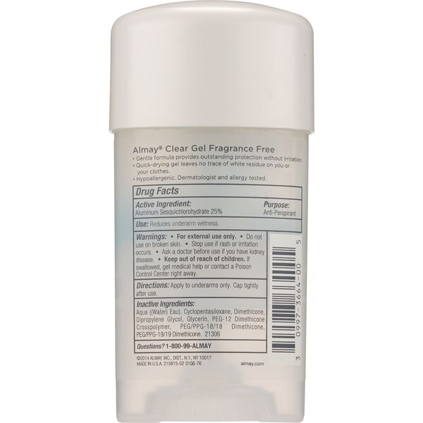 Almay Clear Gel Hypoallergenic Antiperspirant & Deodorant Stick, Fragrance Free, 2.75 OZ