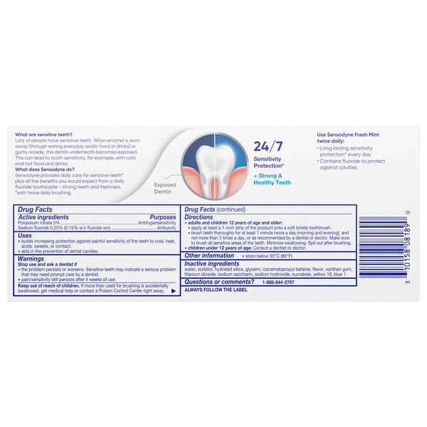 Sensodyne Toothpaste for Sensitive Teeth and Cavity Protection, Fresh Mint, 4 OZ, 2 pack
