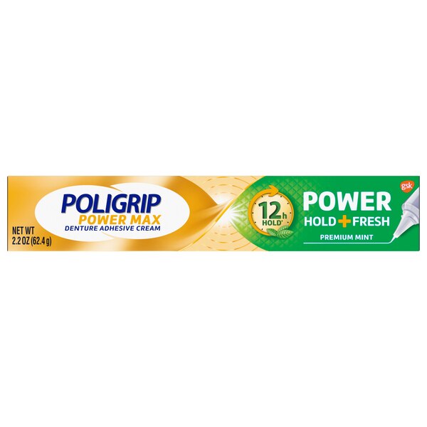 Poligrip Power Max Denture Adhesive Cream, 12 Hour Power Hold + Fresh, Premium Mint