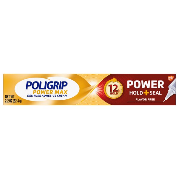 Poligrip Power Max Denture Adhesive Cream, 12 Hour Power Hold + Seal, Flavor Free