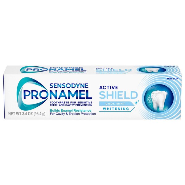 Sensodyne Pronamel Active Shield Whitening Toothpaste for Sensitive Teeth and Cavity Prevention, Builds Enamel Resistance, Cool Mint, 3.4 OZ