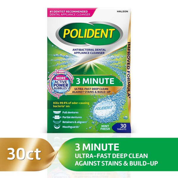Polident 3 Minute Antibacterial Dental Appliance Cleanser, Mint Fresh, 30 CT