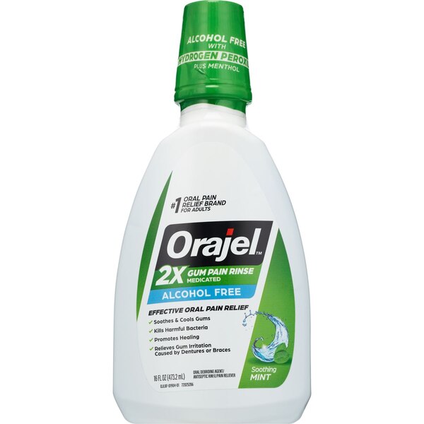 Orajel 2X Medicated Gum Pain Rinse Oral Pain Relief, Soothing Mint, 16 OZ