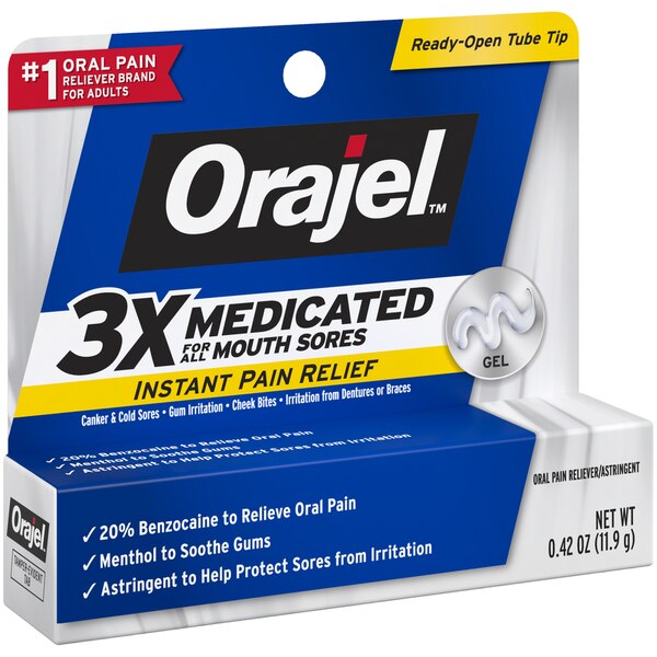 Orajel Medicated Instant Pain Relief Gel for All Mouth Sores with 20% Benzocaine
