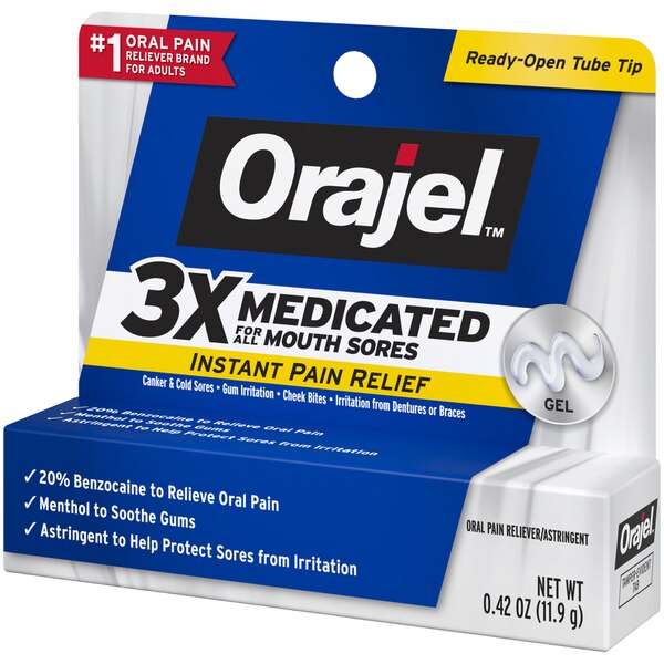 Orajel Medicated Instant Pain Relief Gel for All Mouth Sores with 20% Benzocaine