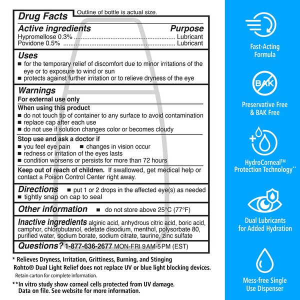 Rohto Dual Light Relief Lubricant Eye Drops, Multi-Symptom Relief, .6 fl oz