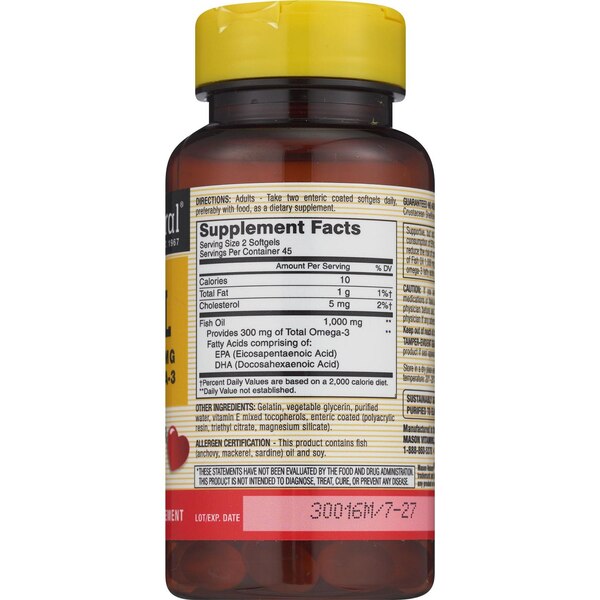 Mason Natural Fish Oil 1,000MG, Omega-3 300MG, Softgels, 90 CT