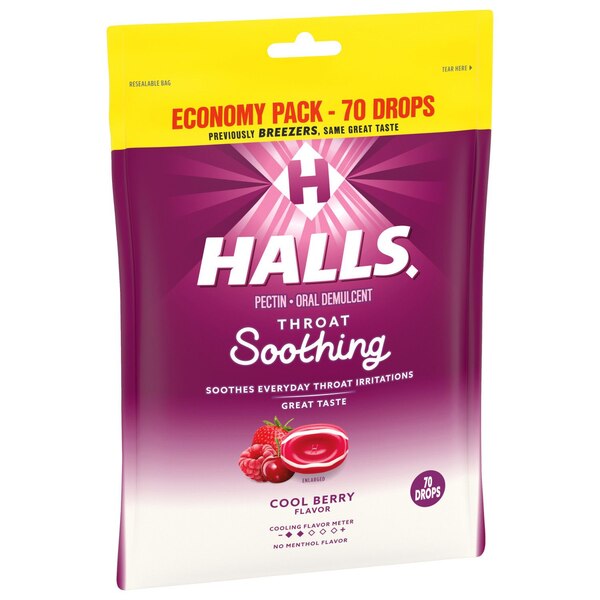 HALLS Throat Soothing (Previously HALLS Breezers) Cool Berry Throat Drops, Economy Pack, 70 Drops