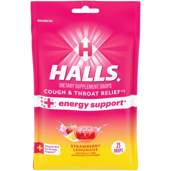 Halls Cough & Throat Relief + Energy Support, Strawberry Lemonade, 25 CT