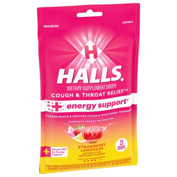 Halls Cough & Throat Relief + Energy Support, Strawberry Lemonade, 25 CT